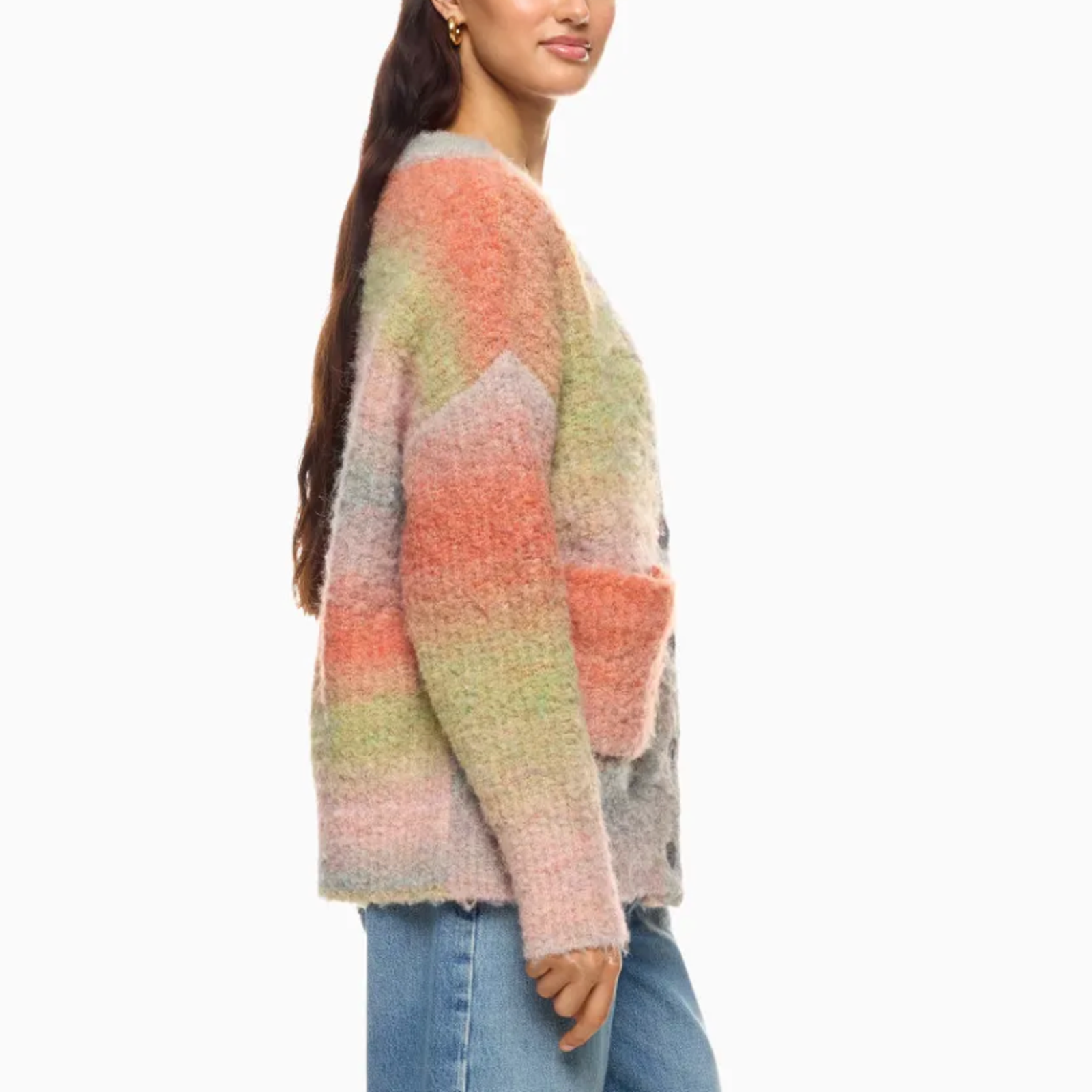Blanknyc Orange Striped Cardigan Sweater Xs Oversized Fuzzy Grandpa V-Neck $88 — image 2 of 8